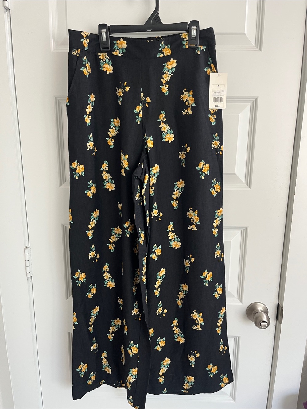 a new day Black Wide-Leg Pants with yellow Floral Print